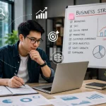 Ilustrasi pengusaha sedang melakukan optimasi bisnis digital menggunakan laptop dan analisis data.