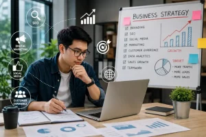 Ilustrasi pengusaha sedang melakukan optimasi bisnis digital menggunakan laptop dan analisis data.