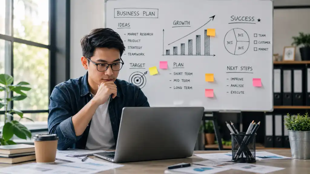 Pengusaha muda sedang menyusun strategi dan mengembangkan mindset untuk membangun bisnis jangka panjang
